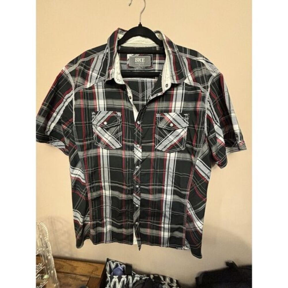 Bke Men's Shirt Black, Red And White Plaid Xl With Pearlish Buttons SS